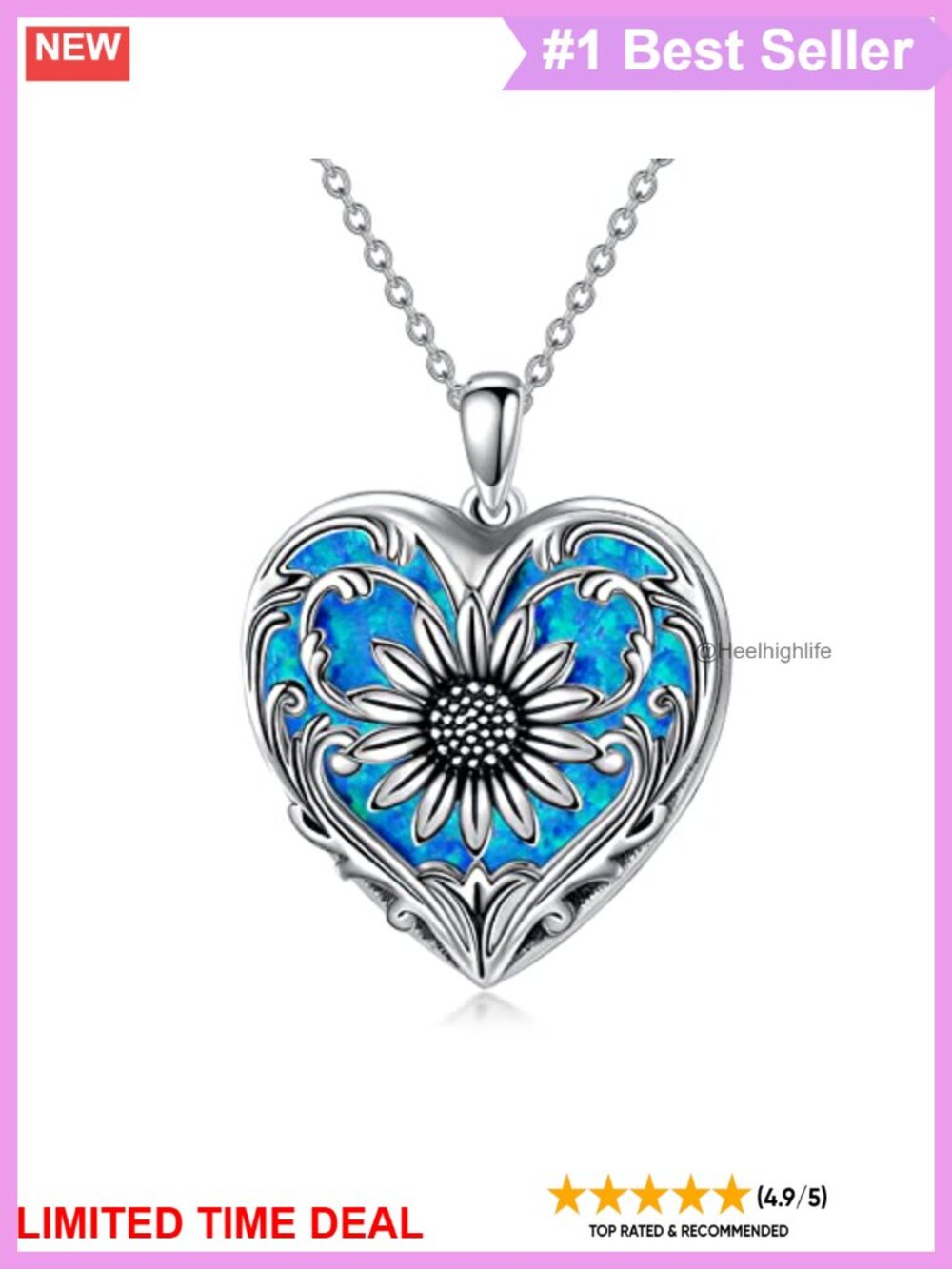 SOULMEET Sterling Silver Sunflower Necklace with Heart Blue Opal Stone, 18+2